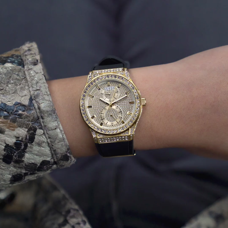 Guess Princess Crystals Gold Dial Black Silicone Strap Watch For Women - GW0439L2 Buy Now By Guess