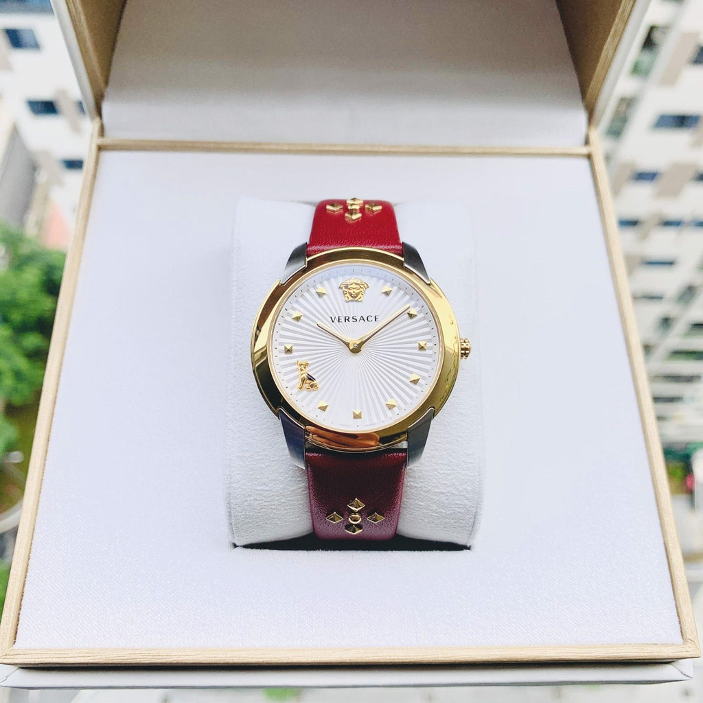 Versace Audrey Quartz Silver Dial Red Leather Strap Watch for Women - VELR00219 Buy Now By Versace