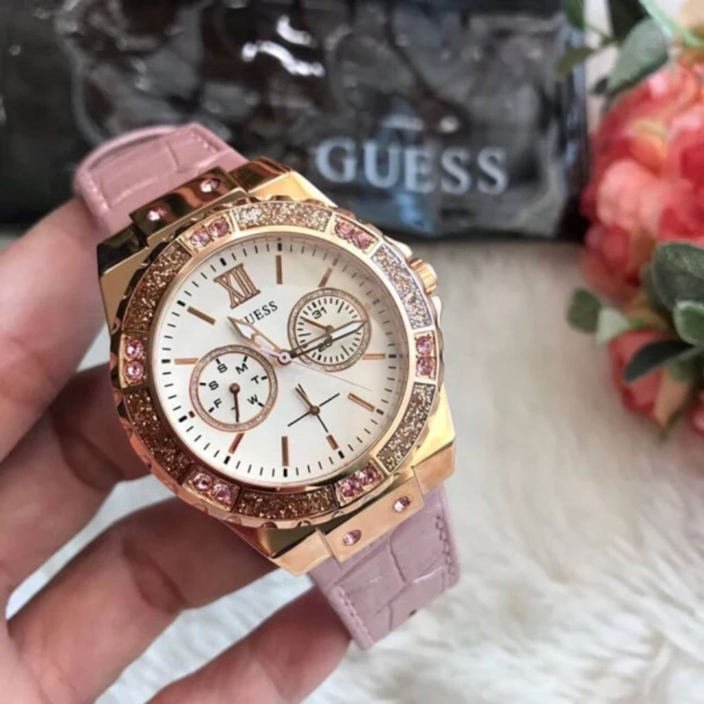 Guess Limelight Quartz Analog White Dial Pink Leather Strap Watch For Women - W0775l3 Buy Now By Guess