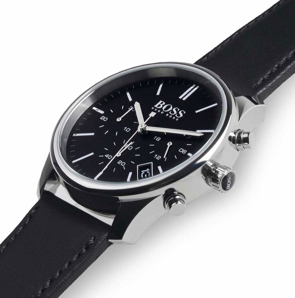 Hugo Boss Time One Chronograph Black Dial Black Leather Strap Watch for Men - 1513430 Buy Now By Hugo Boss