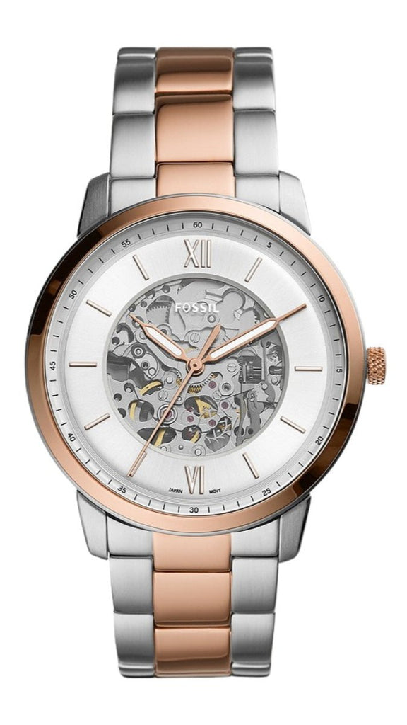 Fossil Neutra Automatic Skeleton White Dial Two Tone Steel Strap Watch for Men - ME3196 Buy Now By Fossil