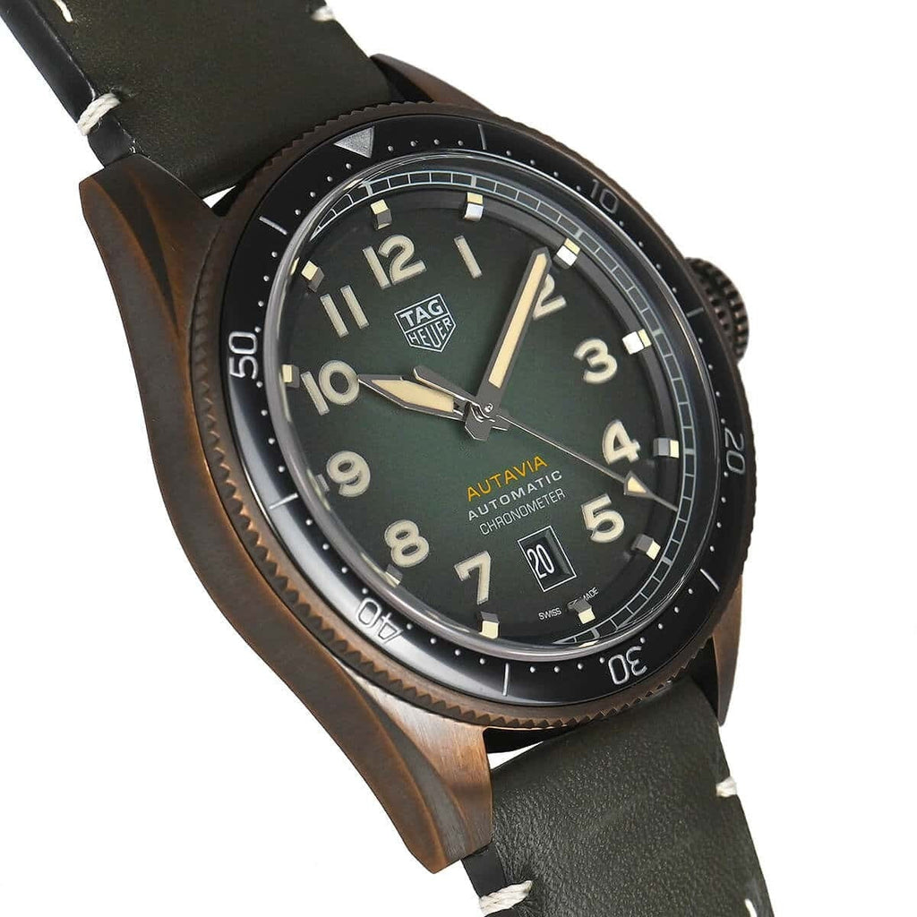 Tag Heuer Autavia Calibre 5 Automatic Olive Green Dial Green Leather Strap Watch for Men - WBE5190.FC8268 Buy Now By Tag Heuer