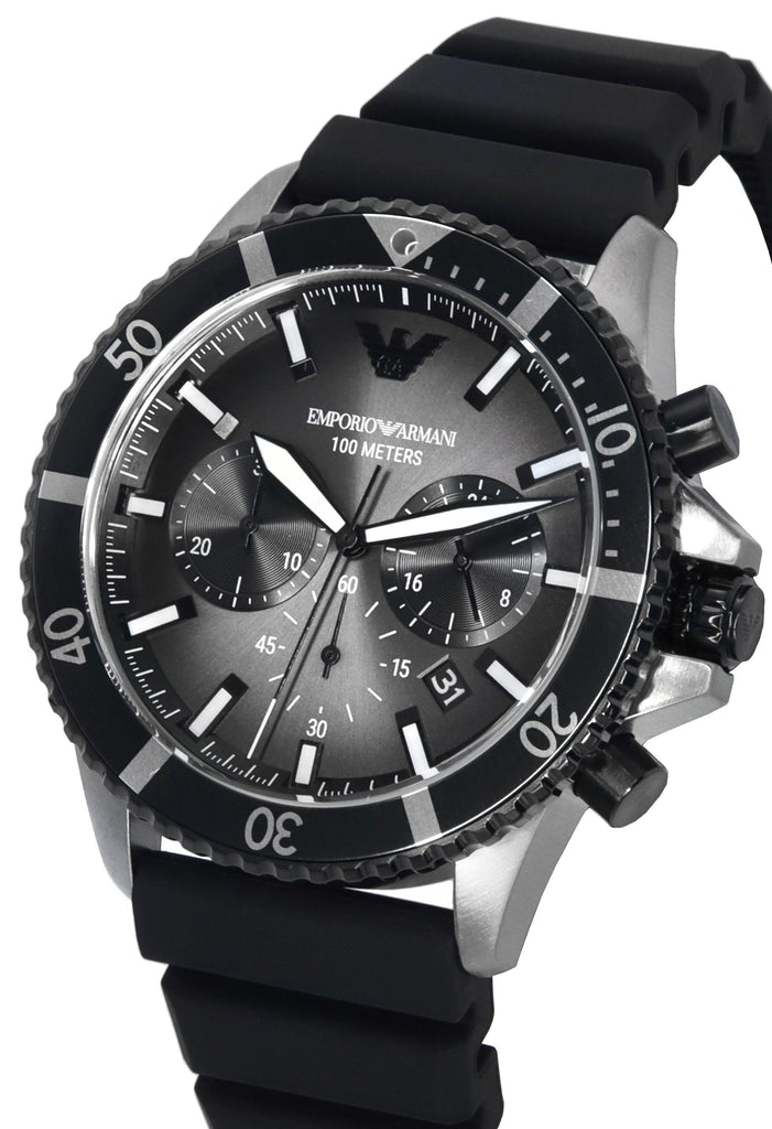 Emporio Armani Diver Chronograph Black Dial Black Silicon Strap Watch For Men - AR11515 Buy Now By Emporio Armani