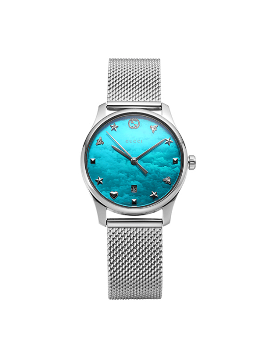 Gucci G-Timeless Turquoise Mother of Pearl Dial Silver Mesh Bracelet Watch For Women - YA126582 Buy Now By Gucci