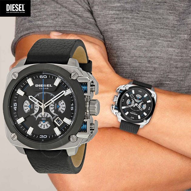 Diesel BAMF Chronograph Black Dial Black Leather Strap Watch For Men - DZ7345 Buy Now By Diesel