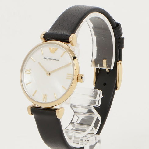 Emporio Armani Gianni T-Bar Quartz Mother of Pearl Dial Black Leather Strap Watch For Women - AR1910 Buy Now By Emporio Armani