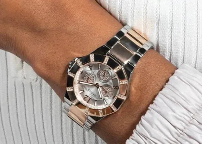 Guess Sunray Multifunction Crystals Silver Dial Two Tone Steel Strap Watch For Women - GW0616L3 Buy Now By Guess