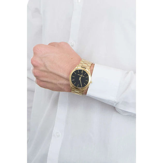 Michael Kors Slim Runway Quartz Black Dial Gold Steel Strap Watch For Men - MK8621 Buy Now By Michael Kors