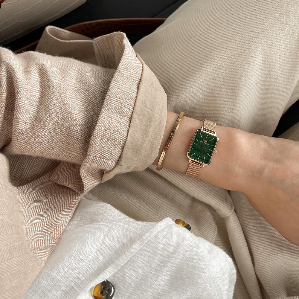 Daniel Wellington Quadro Melrose Green Dial Rose Gold Mesh Strap Watch For Women - DW00100437 Buy Now By Daniel Wellington