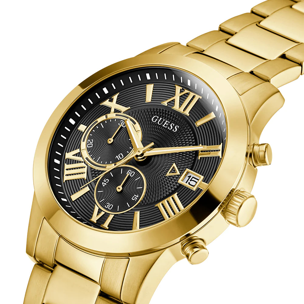 Guess Atlas Chronograph Black Dial Gold Steel Strap Watch for Men - W0668G8 Buy Now By Guess