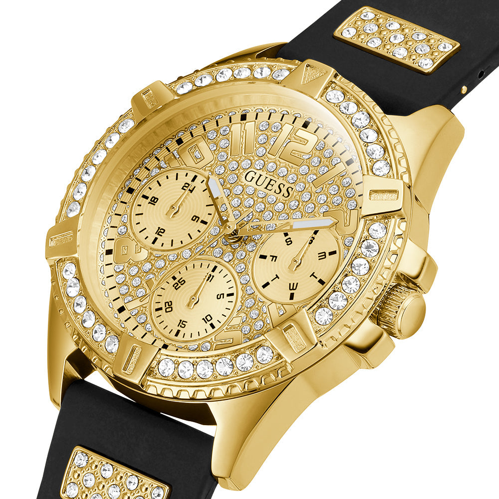 Guess Frontier Diamonds Gold Dial Black Rubber Strap Watch For Women - W1160L1 Buy Now By Guess