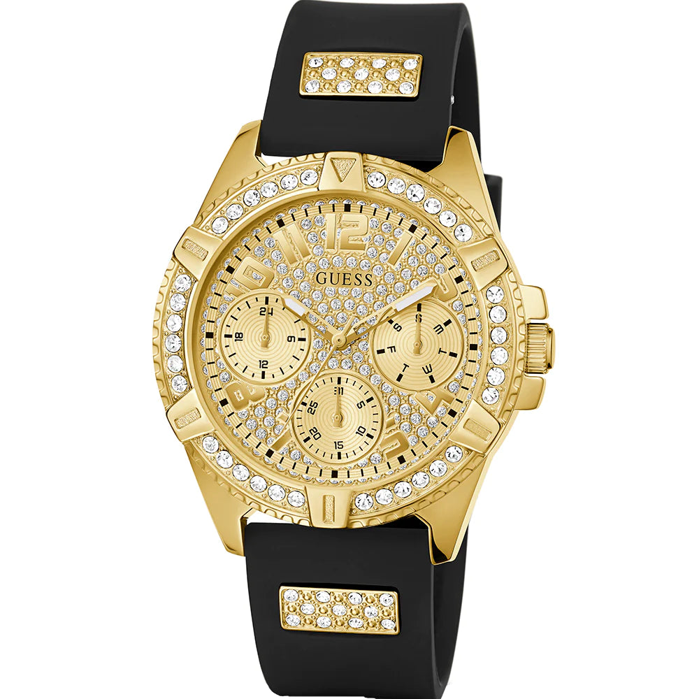 Guess Frontier Diamonds Gold Dial Black Rubber Strap Watch For Women - W1160L1 Buy Now By Guess