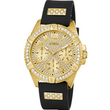 Guess Frontier Diamonds Gold Dial Black Rubber Strap Watch For Women - W1160L1 Buy Now By Guess
