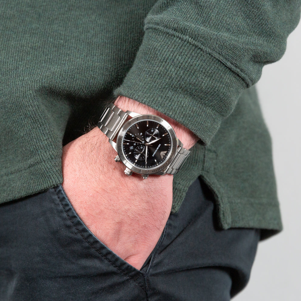 Emporio Armani Mario Chronograph Black Dial Silver Steel Strap Watch For Men - AR11241 Buy Now By Emporio Armani