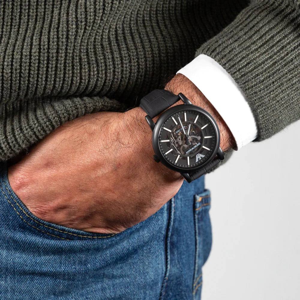 Emporio Armani Meccanico Automatic Skeleton Dial Black Leather Strap Watch For Men - AR60008 Buy Now By Emporio Armani