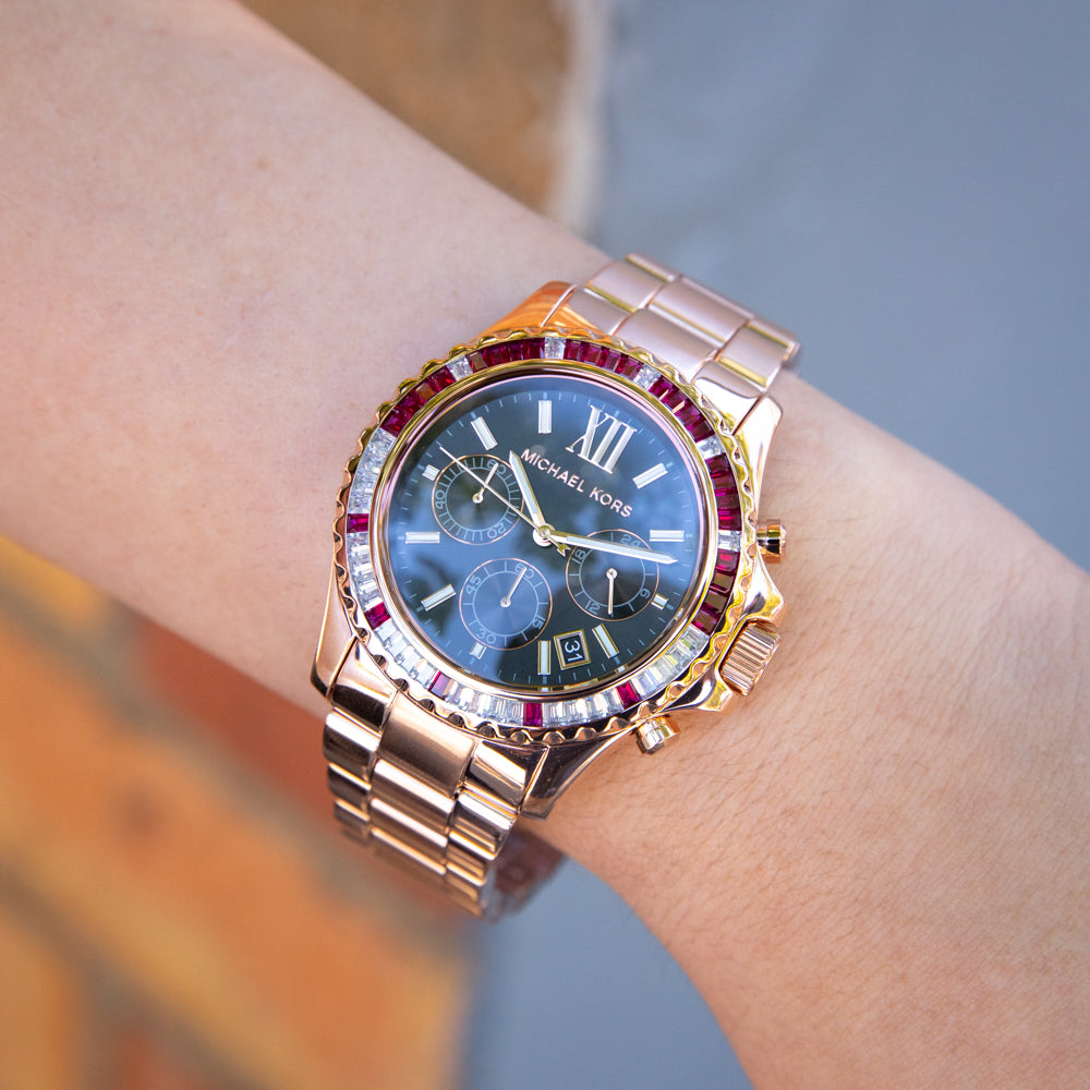Michael Kors Everest Chronograph Black Dial Rose Gold Steel Strap Watch for Women - MK6972 Buy Now By Michael Kors