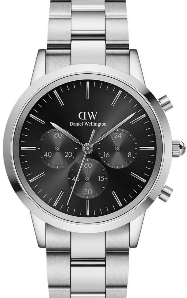 Daniel Wellington Iconic Chronograph Link Black Dial Silver Steel Strap Watch For Men - DW00100645 Buy Now By Daniel Wellington