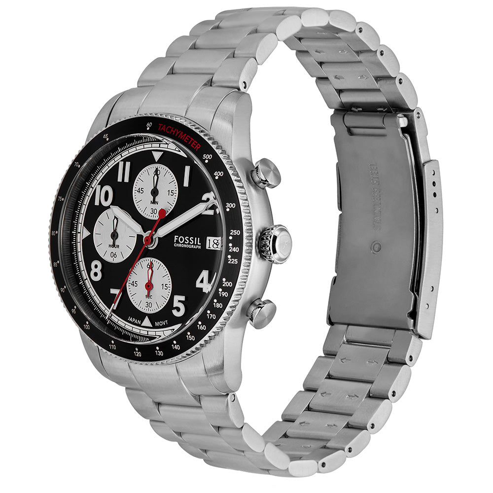 Fossil Sport Tourer Chronograph Black Dial Silver Steel Strap Watch for Men - FS6045 Buy Now By Fossil
