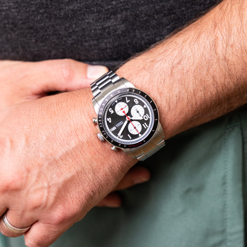 Fossil Sport Tourer Chronograph Black Dial Silver Steel Strap Watch for Men - FS6045 Buy Now By Fossil