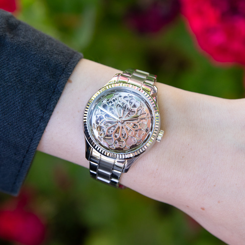 Fossil Rye Automatic Skeleton Silver Dial Silver Steel Strap Watch for Women - BQ3753 Buy Now By Fossil