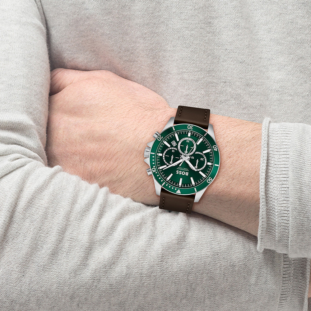 Hugo Boss Troper Chronograph Green Dial Brown Leather Strap Watch For Men - 1514098 Buy Now By Hugo Boss