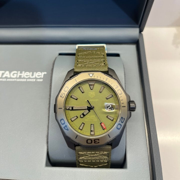 Tag Heuer Aquaracer Automatic Green Dial Khakhi Green Nylon Strap Watch for Men - WAY208E.FC8222 Buy Now By Tag Heuer