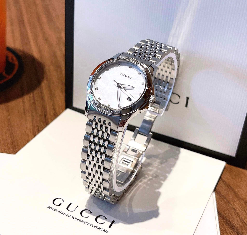 Gucci G Timeless Diamonds Mother of Pearl Dial Silver Steel Strap Watch For Women - YA126510 Buy Now By Gucci