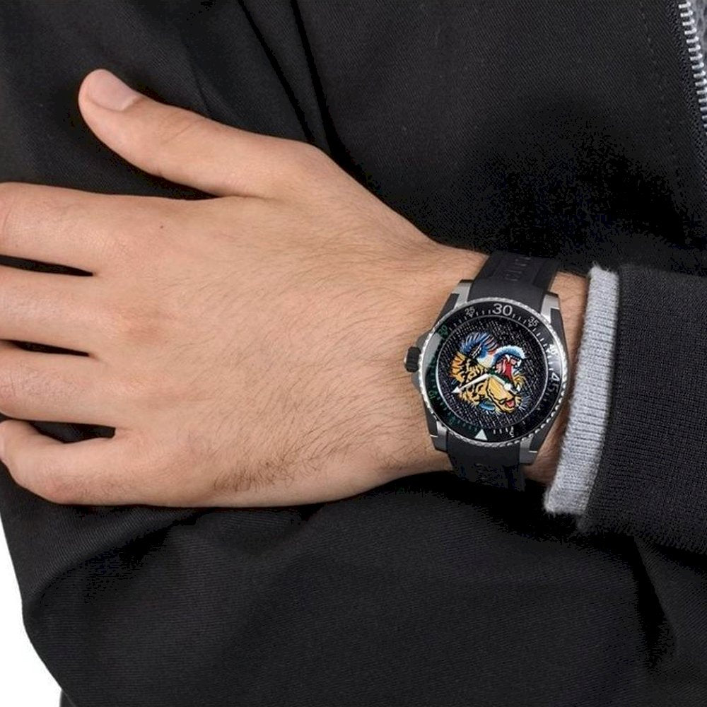 Gucci Dive Tiger Black Dial Black Rubber Strap Watch For Men - YA136318 Buy Now By Gucci