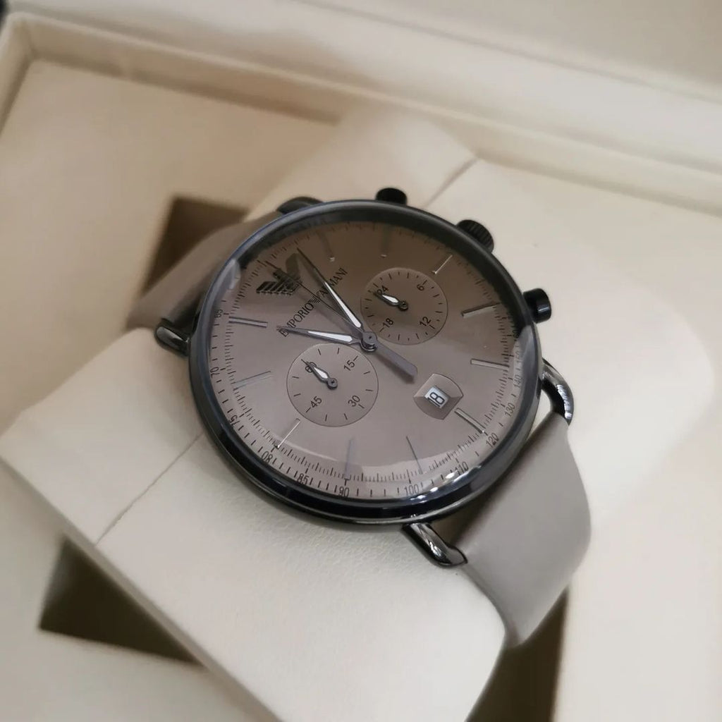 Emporio Armani Aviator Chronograph Quartz Grey Dial Beige Leather Strap Watch For Men - AR11107