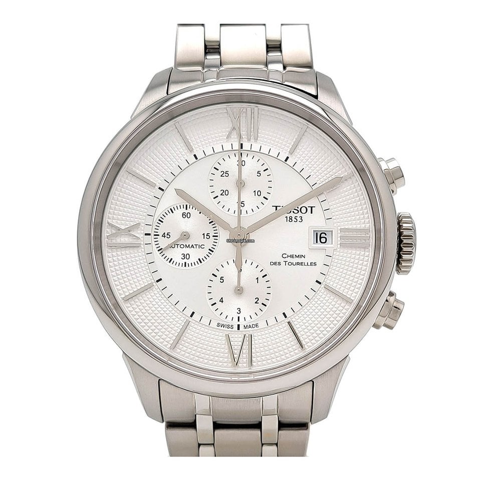 Tissot Chemin des Tourelles Automatic Chronograph White Dial Silver Steel Strap Watch for Men - T099.427.11.038.00 Buy Now By Tissot