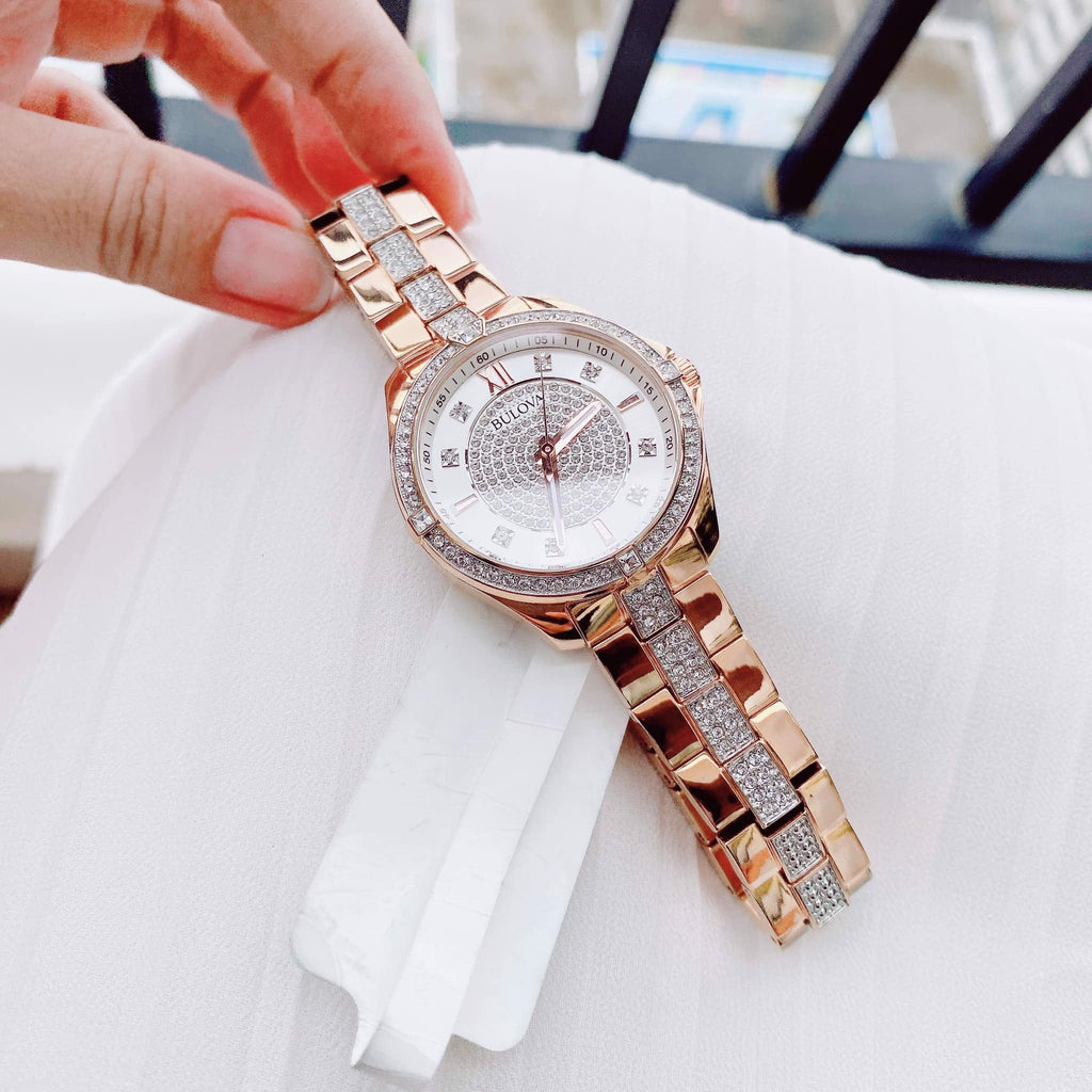 Bulova Crystal Collection Silver Dial Rose Gold Steel Strap Watch for Women - 98L229 Buy Now By Bulova