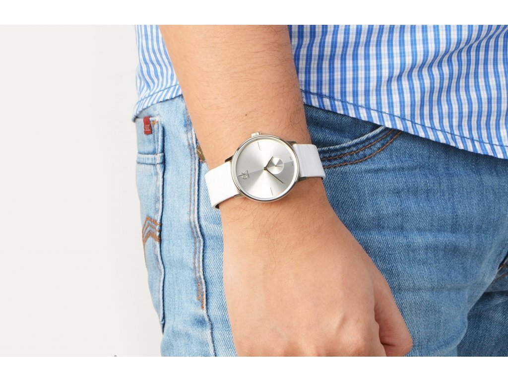 Calvin Klein Accent Silver Dial White Leather Strap Watch for Women - K2Y211K6 Buy Now By Calvin Klein