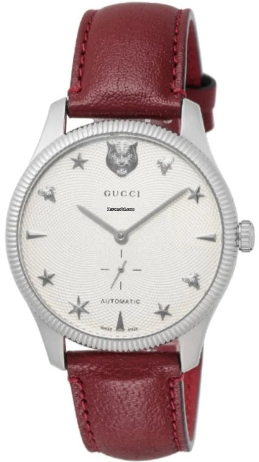 Gucci G Timeless Automatic Silver Dial Red Leather Strap Watch For Men - YA126346 Buy Now By Gucci