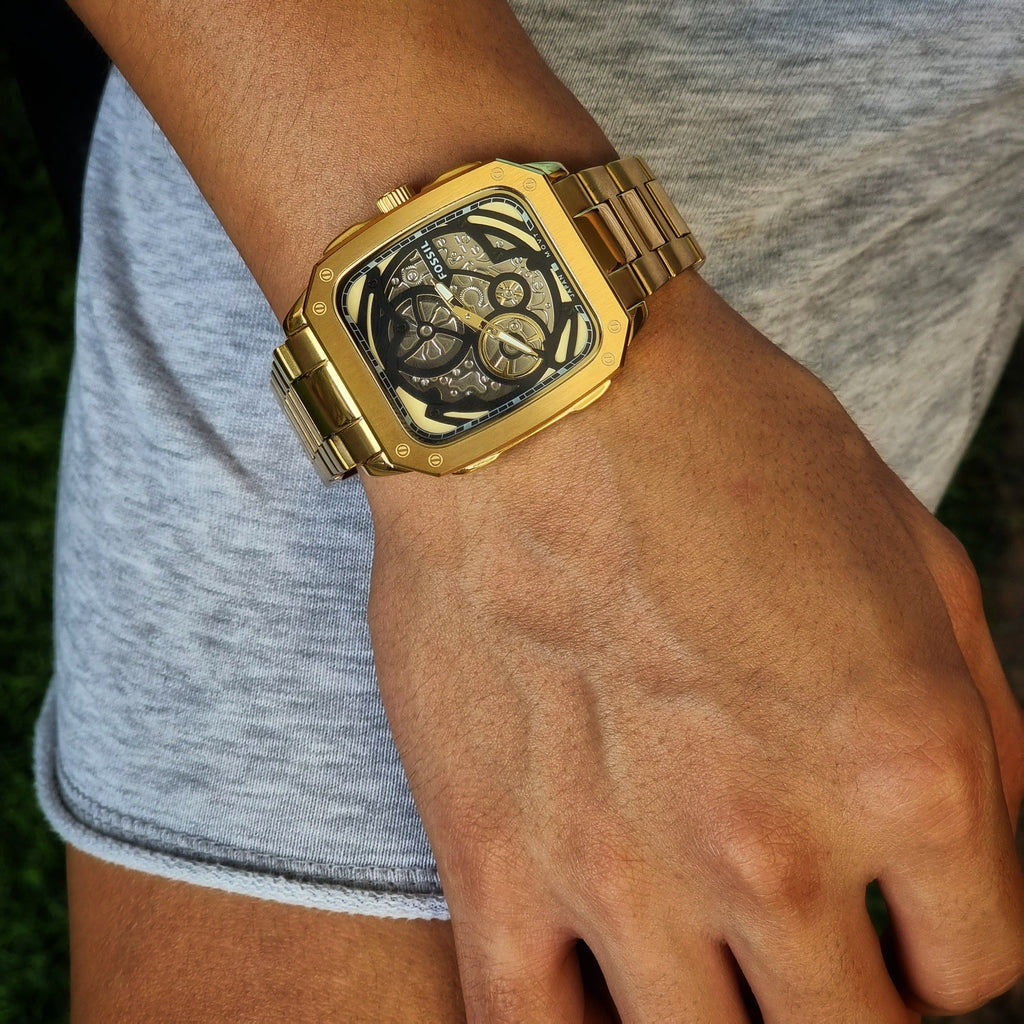 Fossil Inscription Automatic Skeleton Black Dial Gold Steel Strap Watch for Men - BQ2573 Buy Now By Fossil