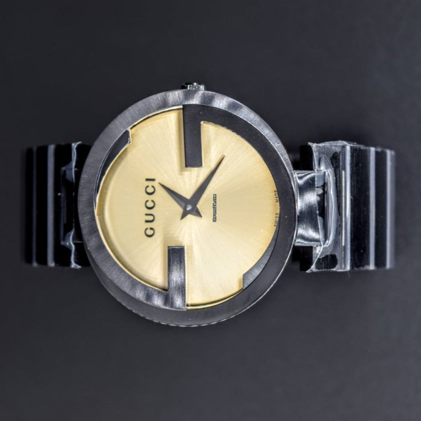 Gucci Interlocking G Quartz Gold Dial Black Steel Strap Watch For Women - YA133314 Buy Now By Gucci