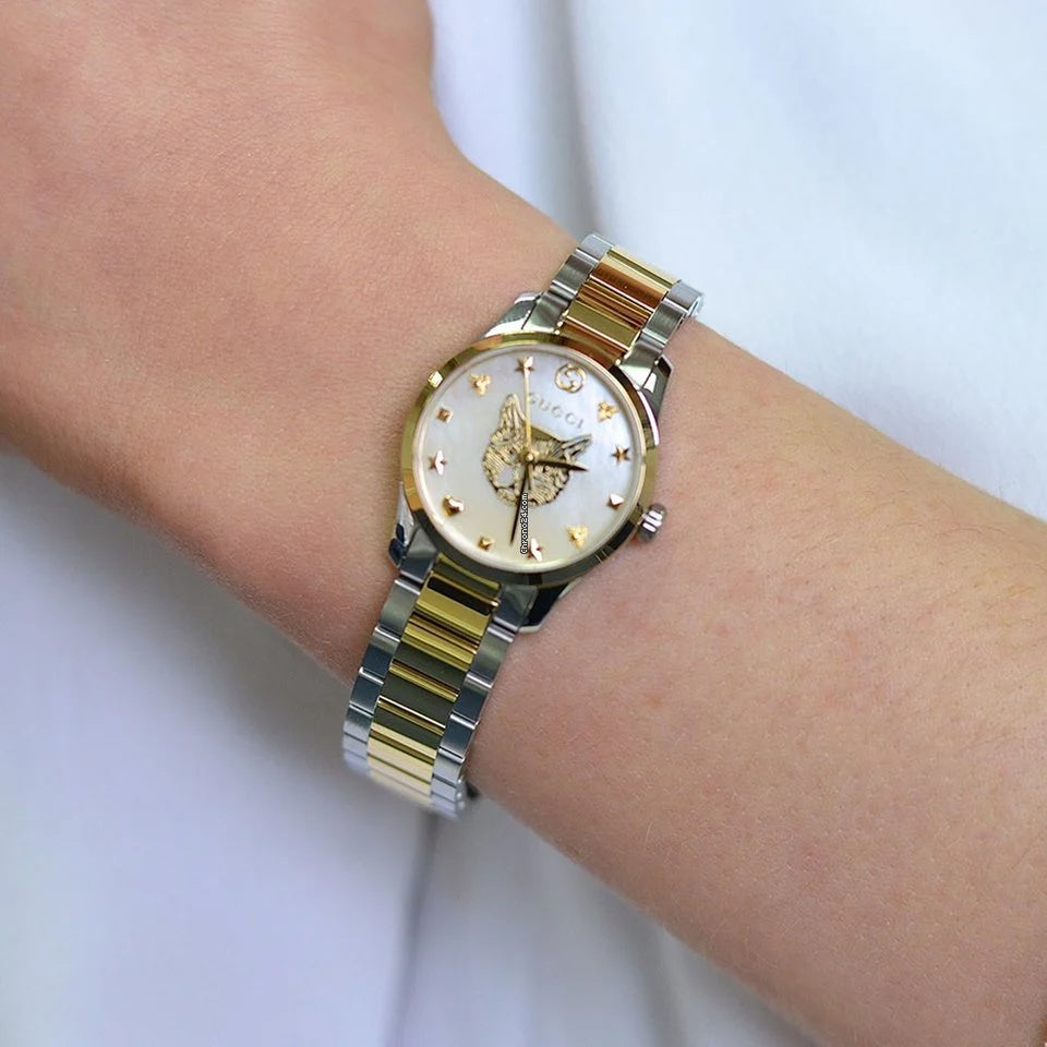 Gucci G Timeless Quartz Mother of Pearl Blue Dial Two Tone Steel Strap Watch For Women - YA1265011 Buy Now By Gucci