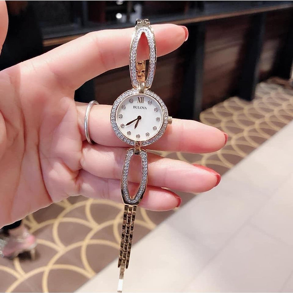 Bulova Crystal Collection Mother of Pearl Dial Gold Steel Strap Watch for Women - 98L225 Buy Now By Bulova