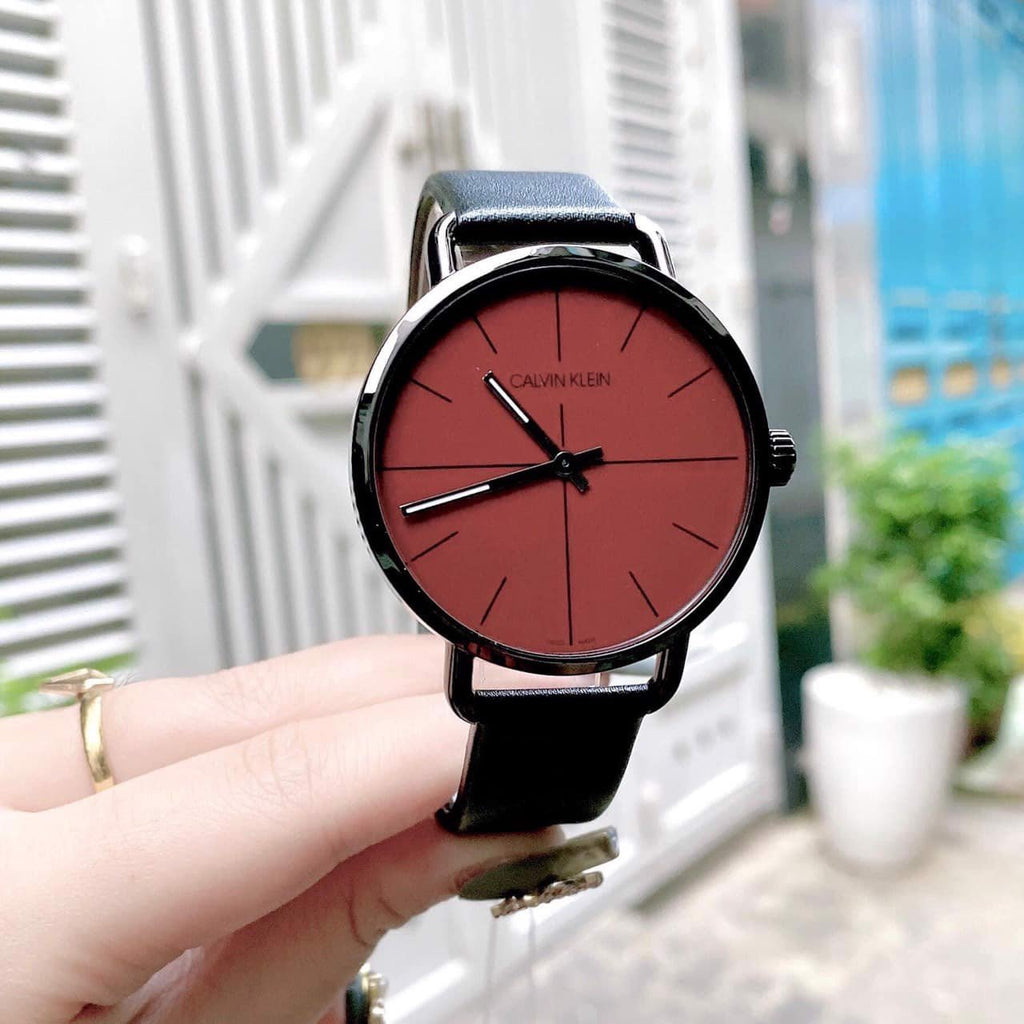 Calvin Klein Even Maroon Dial Black Leather Strap Watch for Men - K7B214CP Buy Now By Calvin Klein