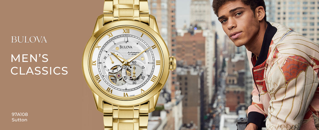 Bulova BVA Skeleton Silver Dial Gold Steel Strap Watch for Men - 97A108 Buy Now By Bulova