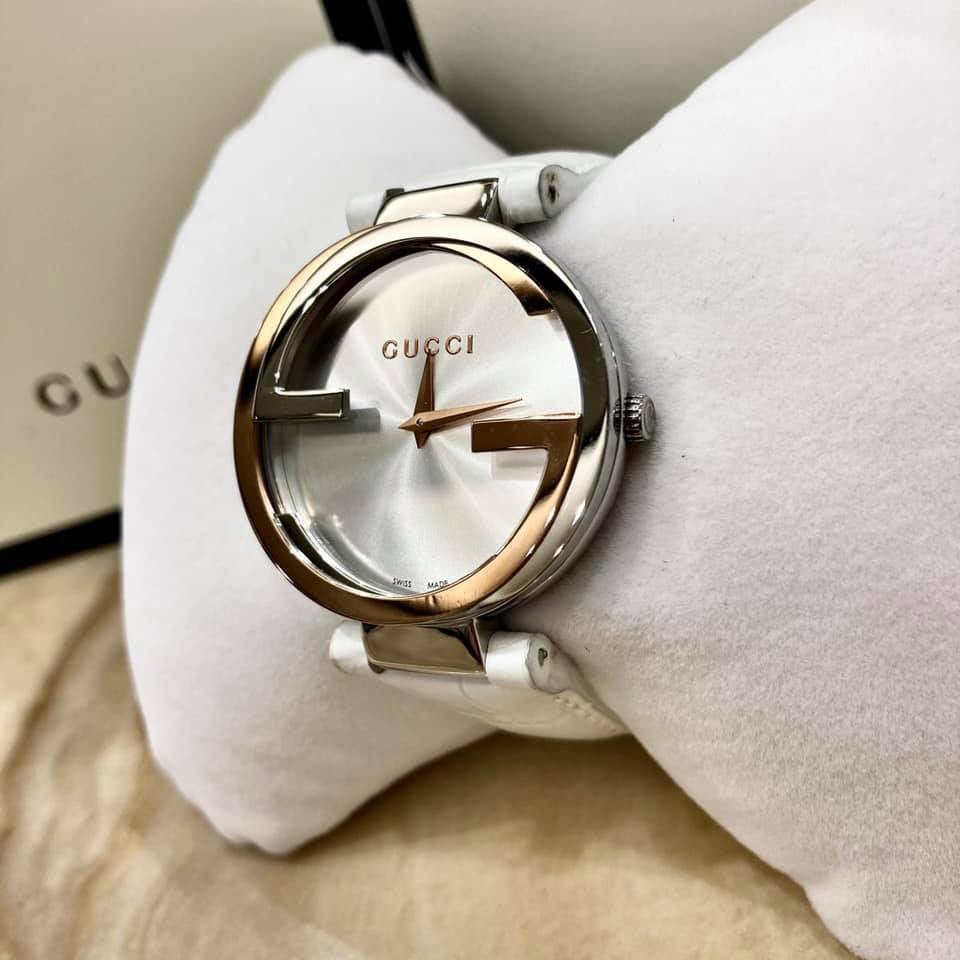 Gucci Interlocking 18K Gold Silver Dial White Leather Strap Watch For Women - YA133303 Buy Now By Gucci