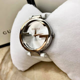 Gucci Interlocking 18K Gold Silver Dial White Leather Strap Watch For Women - YA133303 Buy Now By Gucci