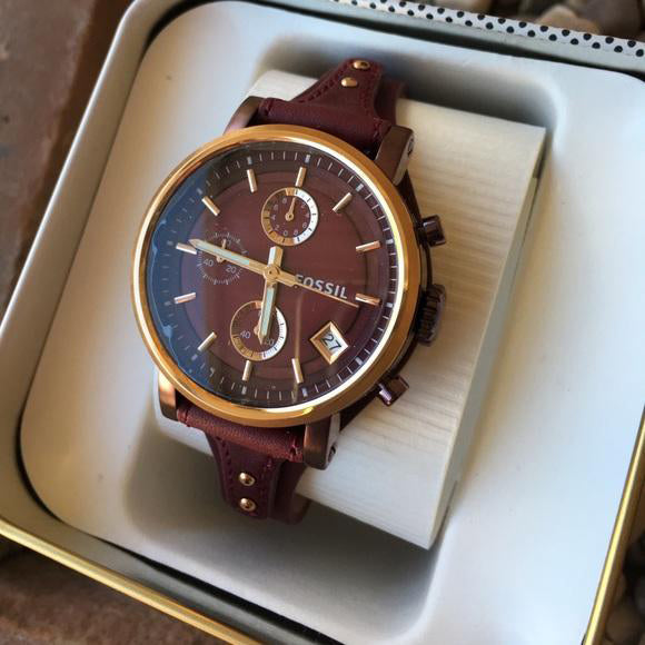 Fossil Original Boyfriend Sport Chronograph Maroon Dial Maroon Leather Strap Watch for Women - ES4114