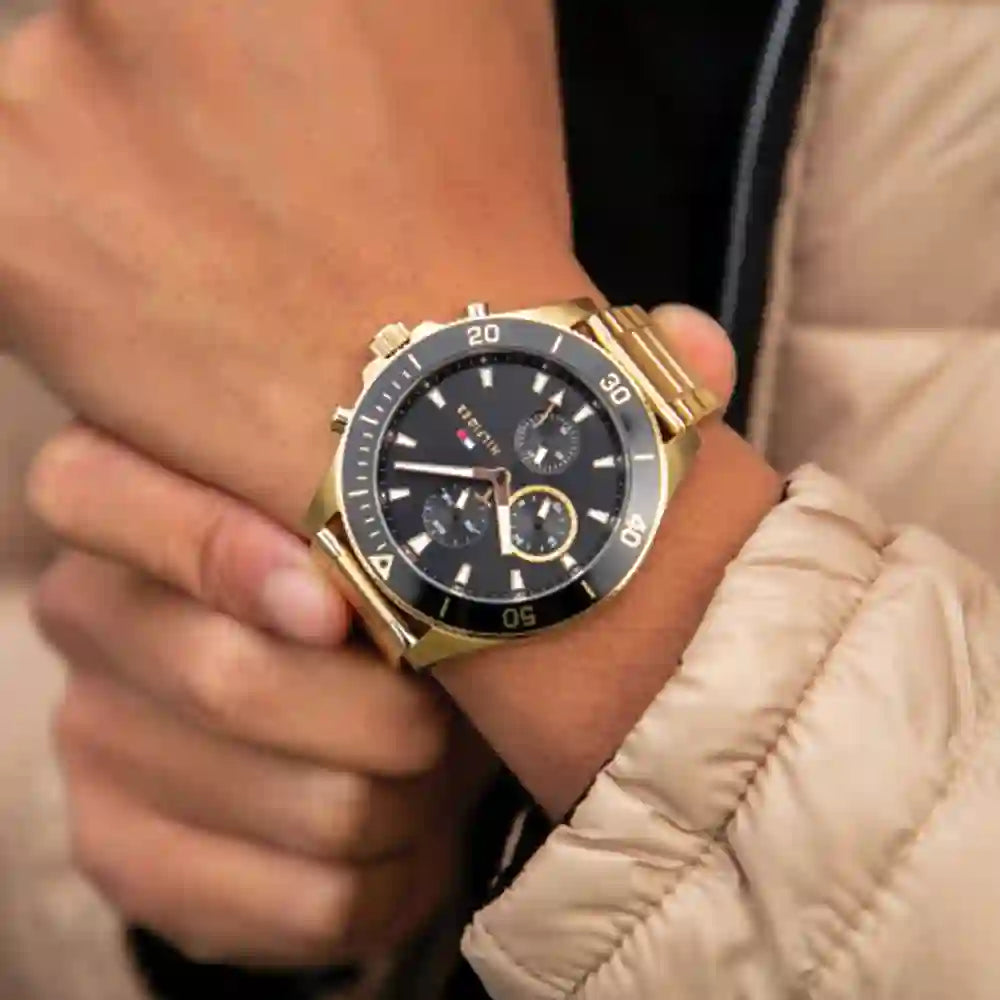 Tommy Hilfiger Larson Chronograph Black Dial Gold Steel Strap Watch For Men - 1791919 Buy Now By Tommy Hilfiger