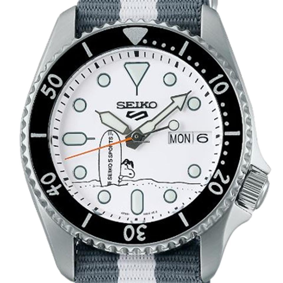 Seiko 5 Sports x Peanuts Surfboard Snoopy Limited Edition White Dial Two Tone NATO Strap Watch For Men - SRPK25K1 Buy Now By Seiko