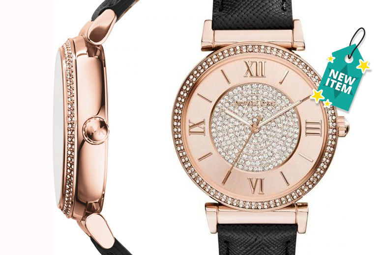 Michael Kors Catlin Rose Gold Crystal Dial Black Leather Strap Watch for Women - MK2376 Buy Now By Michael Kors
