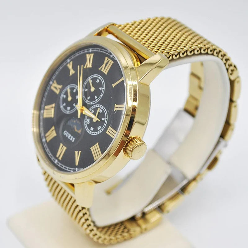 Guess Delancy Black Dial Gold Mesh Bracelet Watch for Men - W0871G2 Buy Now By Guess