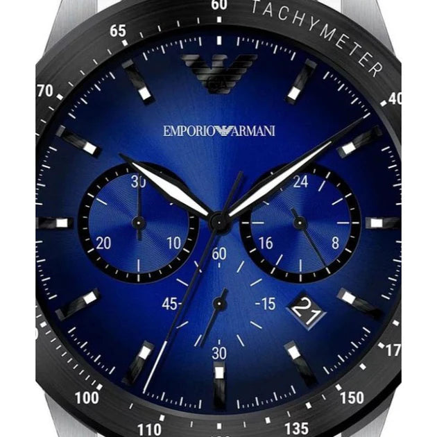 Emporio Armani Mario Chronograph Blue Dial Black Leather Strap Watch For Men - AR11522 Buy Now By Emporio Armani