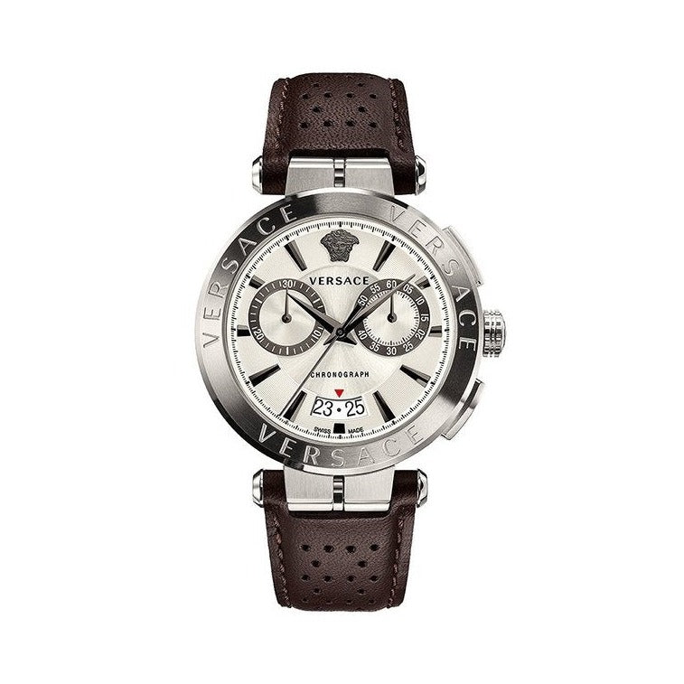 Versace Aion Chronograph White Dial Brown Leather Strap Watch for Men - VBR010017 Buy Now By Versace