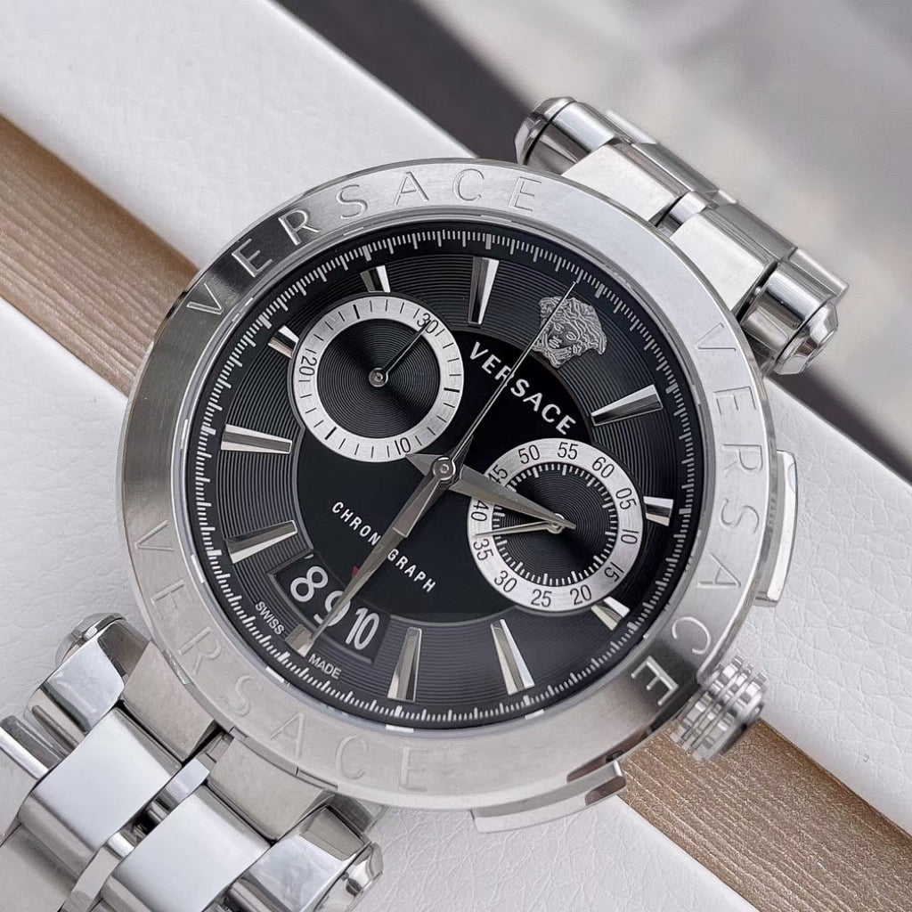 Versace Aion Chronograph Black Dial Silver Steel Strap Watch for Men - VBR080017 Buy Now By Versace