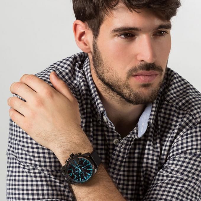 Diesel Mega Chief Chronograph Black Dial Black Leather Strap Watch For Men - DZ4323 Buy Now By Diesel